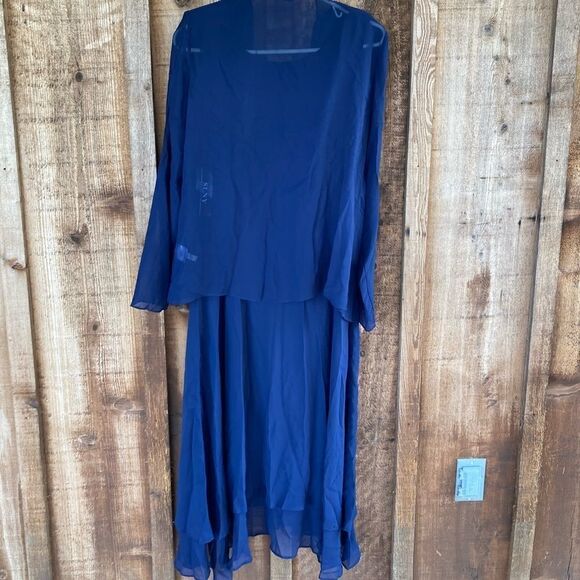 SLNY Beaded Detail Chiffon Tiered Scoop Neck Midi Dress Two Piece Set w/ Jacket - Picture 12 of 16